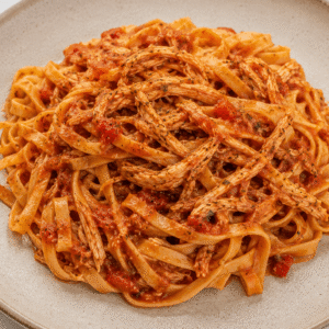 Pasta con pollo mechado en salsa de tomate