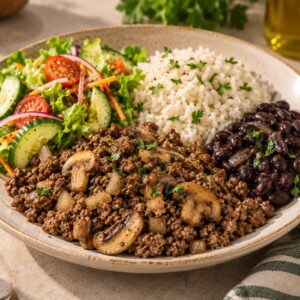 Carne molida con hongos + arroz + frijoles + ensalada