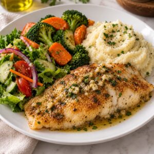Pescado al ajillo + pure + vegetales + ensalada