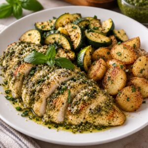 Pollo al pesto + Zuchinnis salteados + Papitas salteadas