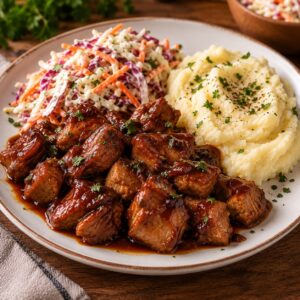Trocitos de cerdo en salsa BBQ + Ensalada coleslaw + Pure de papa