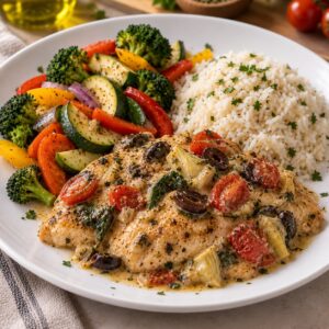 Pollo en salsa mediterranea + Mix de vegetales + Arroz