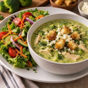 Crema de brócoli con pollo + crutones + queso fresco + ensalada