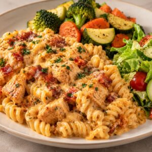 Pasta con pollo y tocineta + vegetales + ensalada