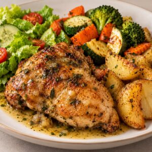 Pollo al horno al vino blanco + papas + vegetales + ensalada