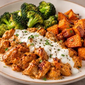 Pollo chipotle con camote y brocoli